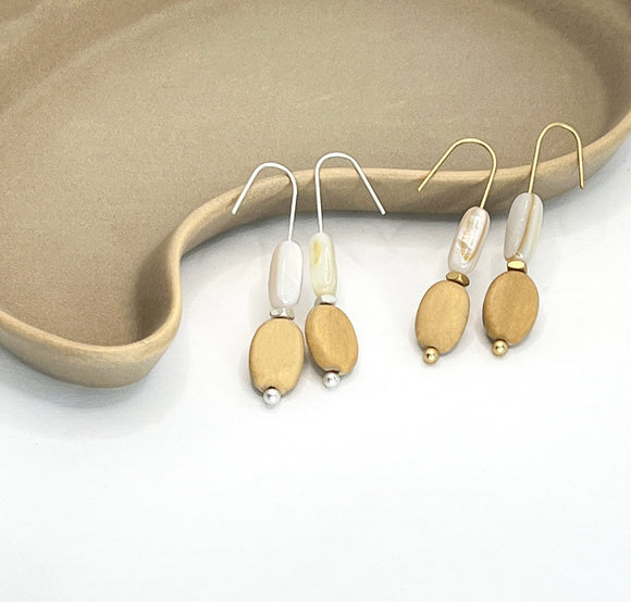 Mother of pearl log with timber oval bead hook earrings